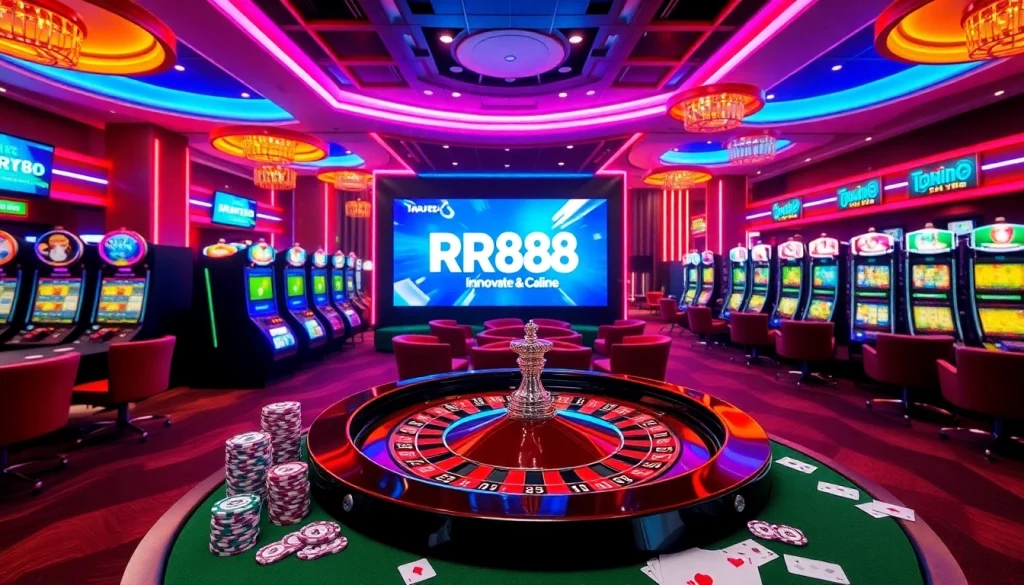 Experience RR88's thrilling online casino with luxurious gaming elements and vibrant atmosphere.