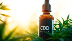 Vibrant huile cbd hollyweed bottle surrounded by fresh hemp leaves in a natural setting.