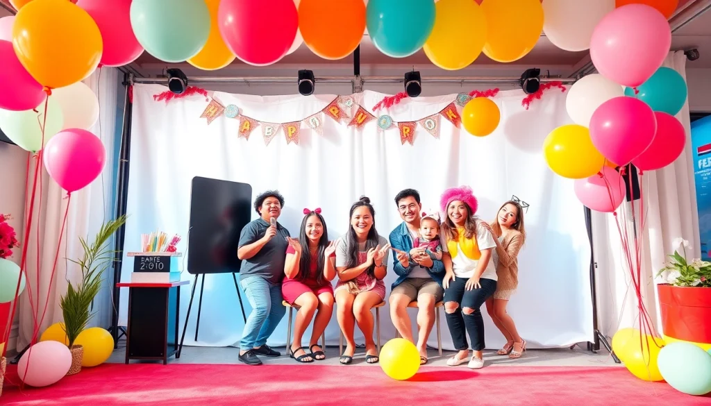Rent a Photo Booth setup featuring vibrant props and a lively atmosphere at a party.
