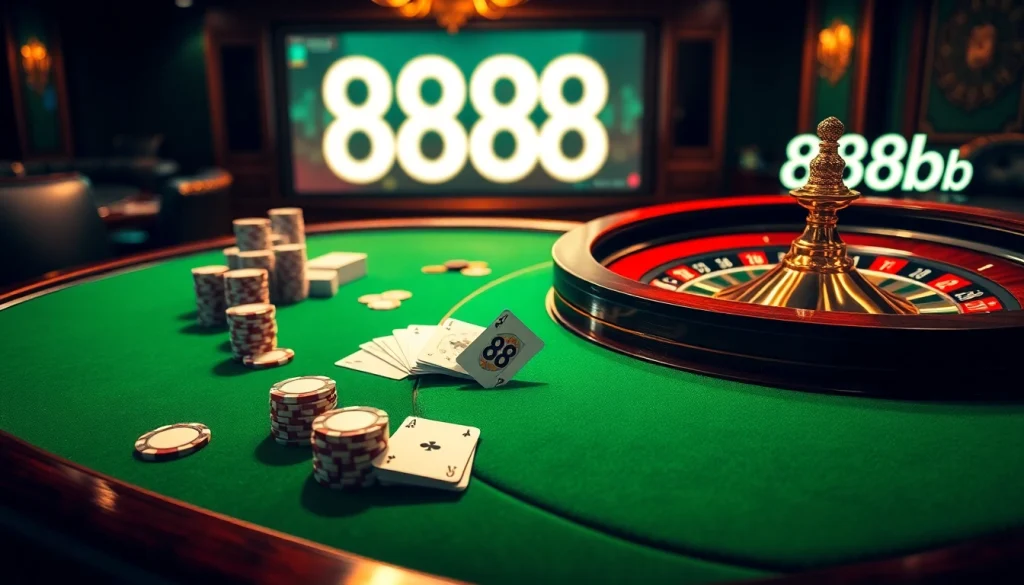 Experience the thrill of gaming at 888b with vibrant tables, chips, and a roulette wheel.