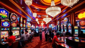 Exciting gamble at Slot Terpercaya with vibrant machines and engaged players in a luxurious casino.