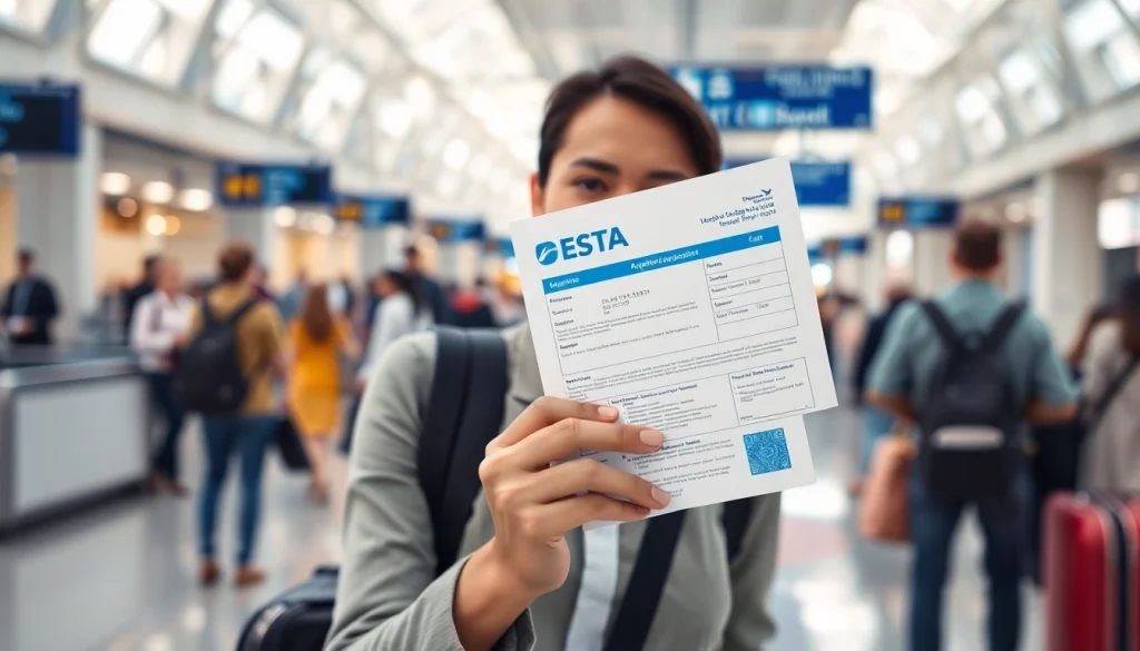 Person confidently holding their ESTA application at the airport, showcasing travel readiness.