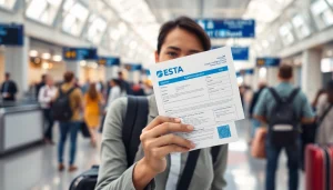 Person confidently holding their ESTA application at the airport, showcasing travel readiness.