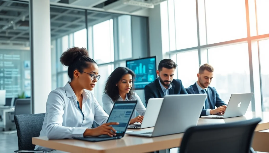 Visualizing online contact data verification in a professional office with diverse teams using digital tools for data accuracy.