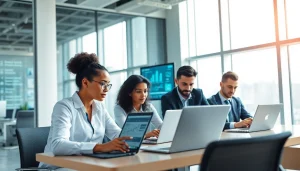 Visualizing online contact data verification in a professional office with diverse teams using digital tools for data accuracy.