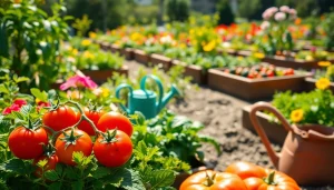 Gardening in a colorful vegetable garden with vibrant tomatoes showcased in a sunny setting.