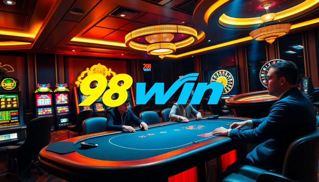 Experience the thrill of winning at 98win with a luxurious casino scene filled with vibrant gaming elements.