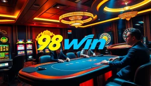 Experience the thrill of winning at 98win with a luxurious casino scene filled with vibrant gaming elements.