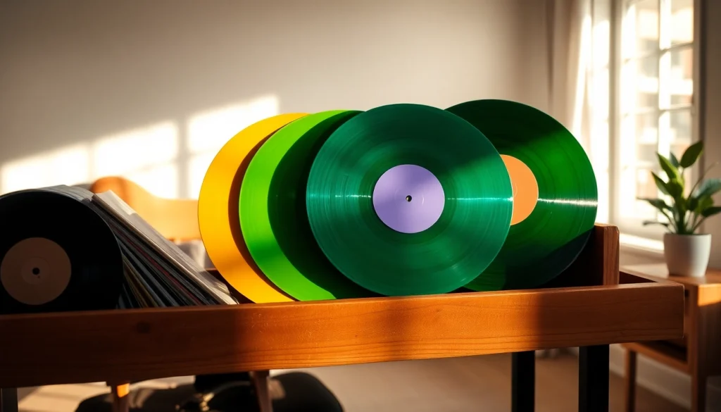 Display collection of vinyl records on wooden shelf in warm, inviting setting.