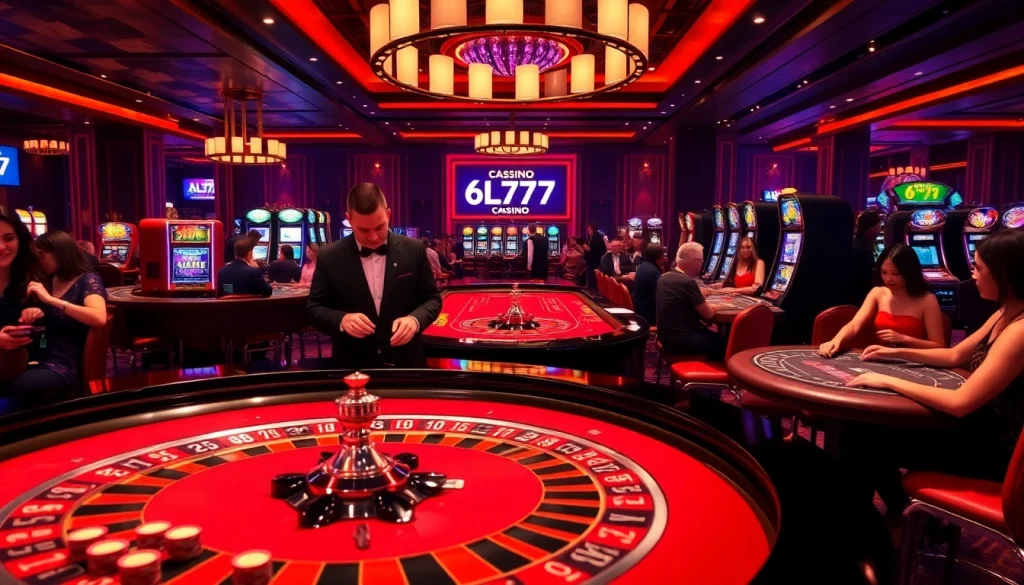 Players enjoying the excitement of 6L777 at a vibrant casino, showcasing roulette tables and chips.