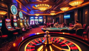 Experience birutoto's thrilling casino atmosphere with vibrant slot machines, poker chips, and players engaged in strategic gambling.