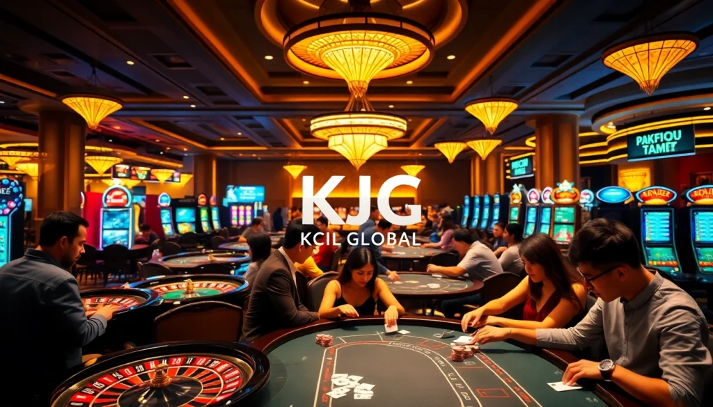 KJC Global branded casino scene with players enjoying games at poker tables and roulette wheels.