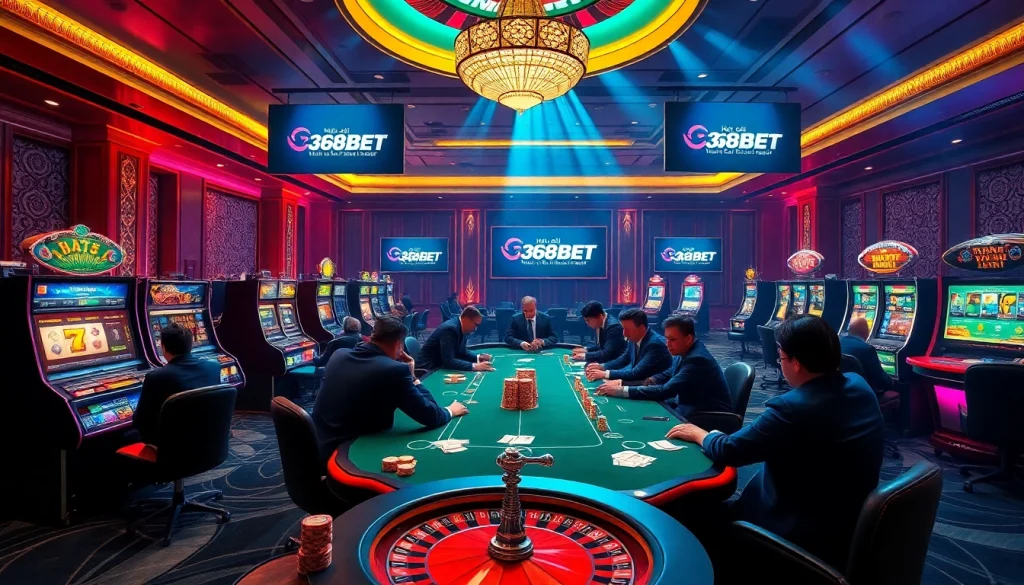 Nhà cái 368BET showcases vibrant casino excitement with professional gamblers at high-stakes poker tables.