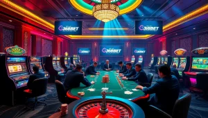 Nhà cái 368BET showcases vibrant casino excitement with professional gamblers at high-stakes poker tables.