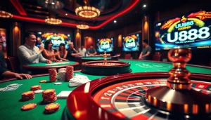 Excited gamblers enjoying a dynamic UU88 casino experience with poker chips and roulette wheel.