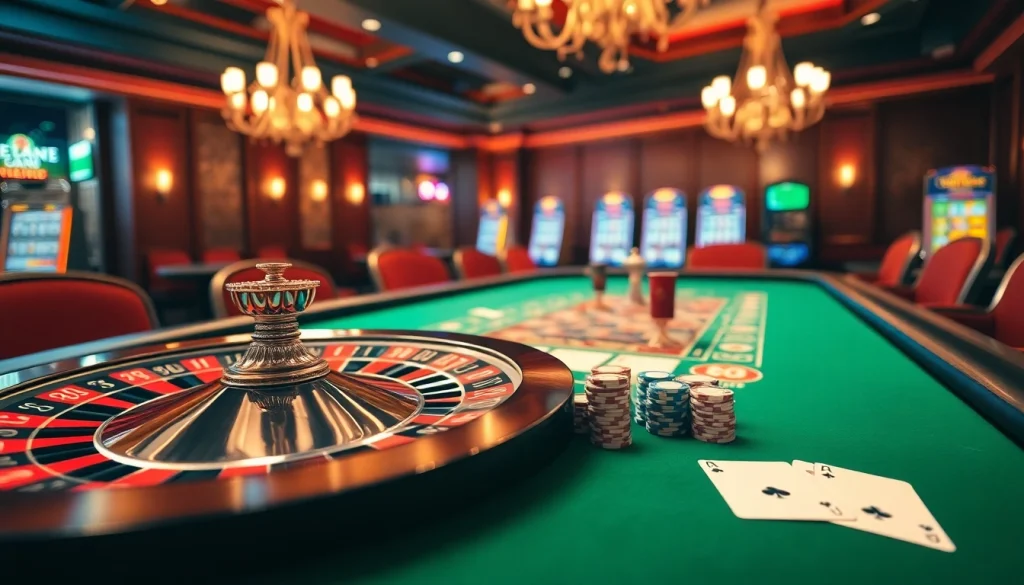 Engaging RR88 casino scene with poker chips and roulette wheel showcasing online gambling excitement.