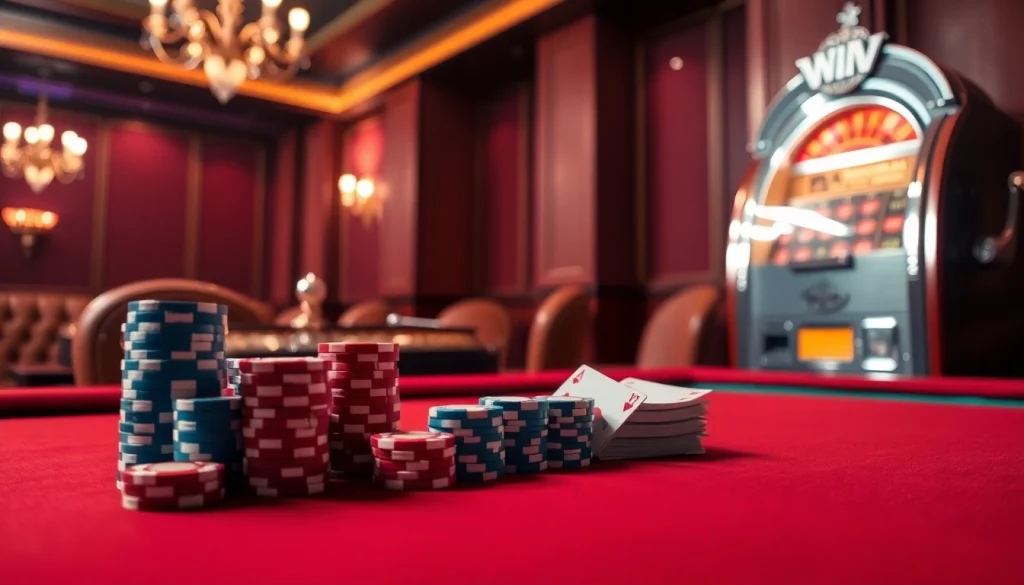 IWIN's exciting casino scene with poker chips, cards, and a roulette wheel in a luxurious setting.