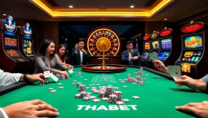Players enjoying thrilling games at THABET casino, featuring vibrant tables and exciting action.