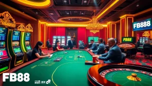 Experience thrilling gameplay at FB88's casino with players at the poker table and bright slot machines.