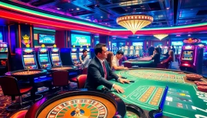 Exciting casino gaming scene featuring 789win roulette and poker tables with dynamic players.