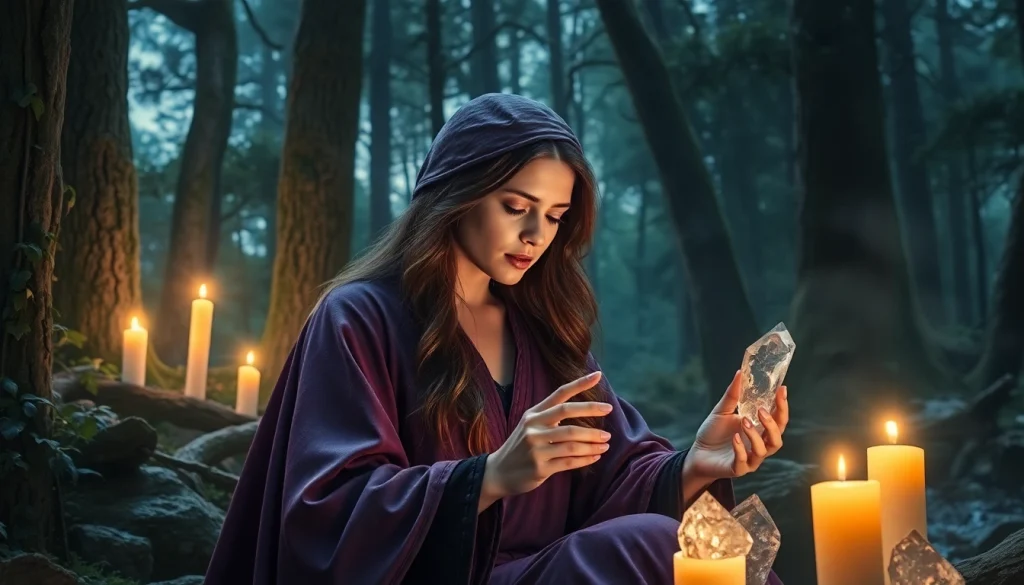 Experience mystical intuitive readings at https://julielynn.co with enchanting crystals and serene forest backdrop.