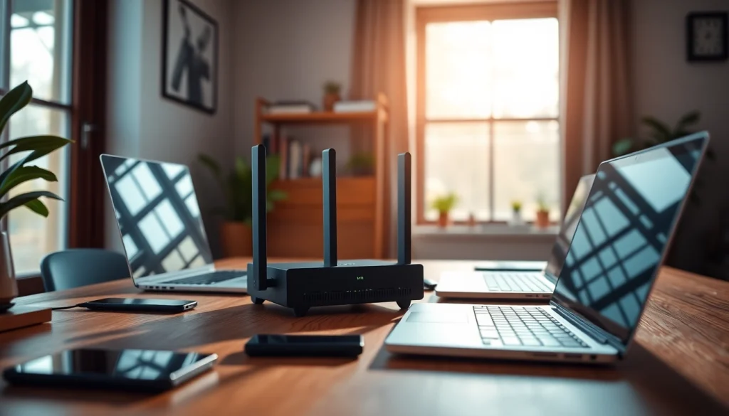 Showcasing a VPN router in a sleek modern workspace emphasizing connectivity.