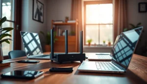Showcasing a VPN router in a sleek modern workspace emphasizing connectivity.