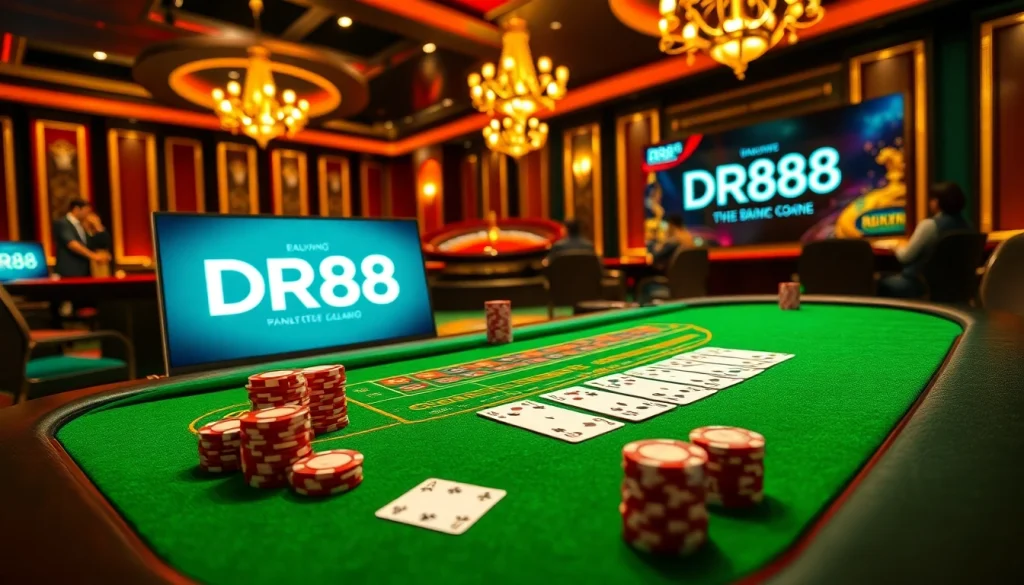 Experience thrilling action at DR88 casino, with vibrant poker chips and an engaging roulette table.