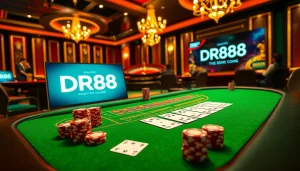Experience thrilling action at DR88 casino, with vibrant poker chips and an engaging roulette table.