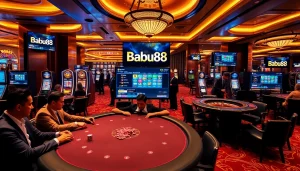Babu88 online casino interface showcasing high-stakes poker and vibrant slot machines.