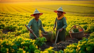 Petani toto sedang memanen hasil pertanian segar di ladang yang subur