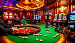 Experience the excitement of king88.com with players at a poker table and a roulette wheel in action.