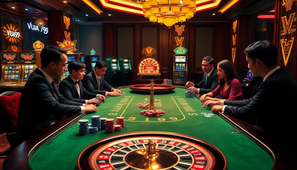 Players enjoy a thrilling poker game at Vua99 casino, showcasing vibrant chips and roulette ambiance.