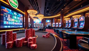 Experience the excitement of 918kiss with luxury casino visuals, showcasing vibrant slot machines and poker chips.