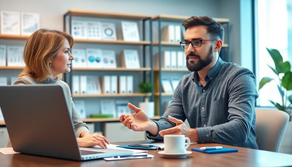 Engaging professional providing insurance claims help to a client in a modern office setting.