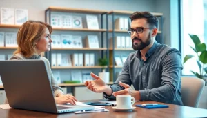 Engaging professional providing insurance claims help to a client in a modern office setting.