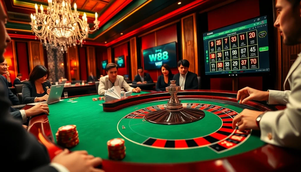 Excited gamblers enjoying the thrilling atmosphere of a roulette table with link w88 prominently featured.