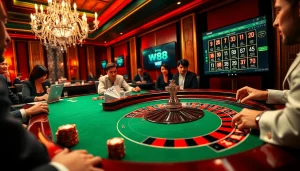 Excited gamblers enjoying the thrilling atmosphere of a roulette table with link w88 prominently featured.
