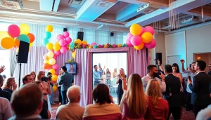 Rent a Photo Booth with guests enjoying a festive atmosphere and colorful decor.