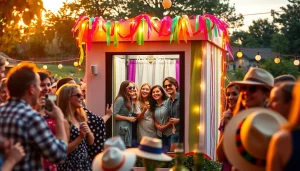 Rent a Photo Booth at a joyful outdoor gathering with guests and vibrant decorations.
