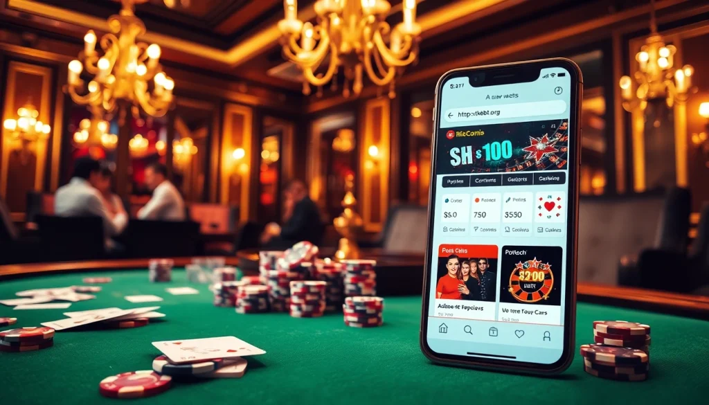 The engaging atmosphere of gambling at https://tk88t.org/ with a poker table and roulette wheel in a luxurious casino.