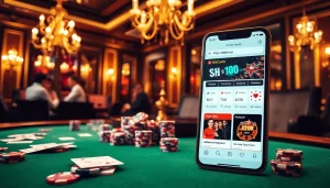 The engaging atmosphere of gambling at https://tk88t.org/ with a poker table and roulette wheel in a luxurious casino.