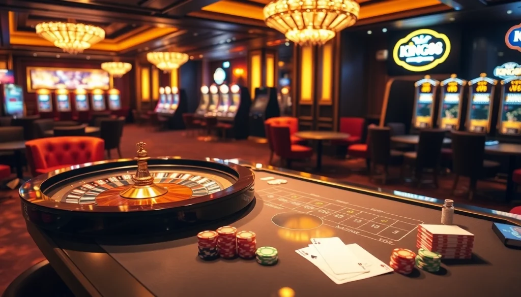 Experience the thrill of winning at king88 with a vibrant casino card table and roulette wheel.