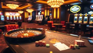 Experience the thrill of winning at king88 with a vibrant casino card table and roulette wheel.