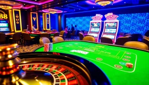 Engage with Hello88 at a luxurious casino table with lively poker chips and a roulette wheel.
