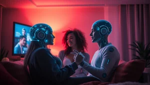AI sex interaction scene with holographic companion and user in a cozy setting.