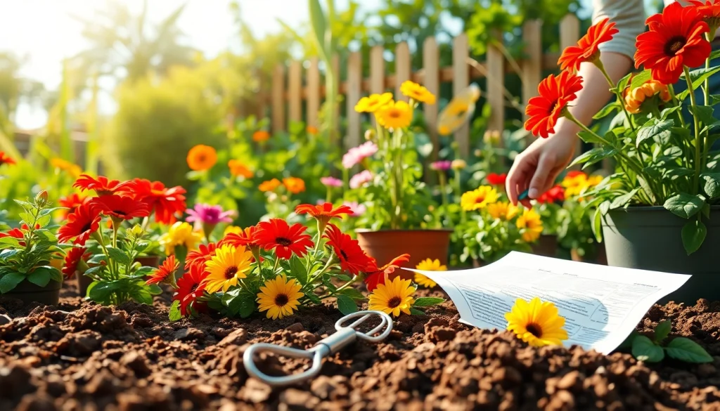 Gardening enthusiast carefully tending to vibrant flowers in a sunny garden.