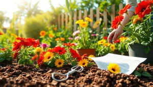 Gardening enthusiast carefully tending to vibrant flowers in a sunny garden.
