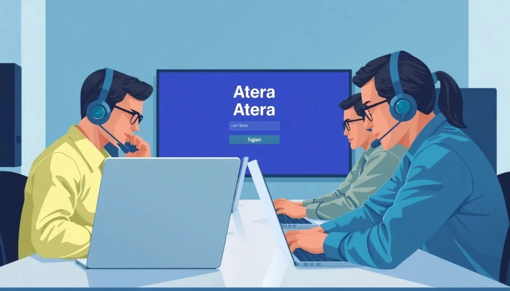 Atera login screen displayed prominently while a support team actively collaborates to solve access issues.