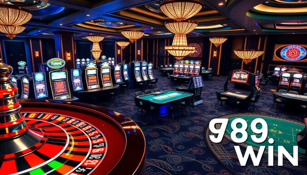 Experience the excitement of 789 win at a luxurious casino with vibrant slot machines and roulette tables.